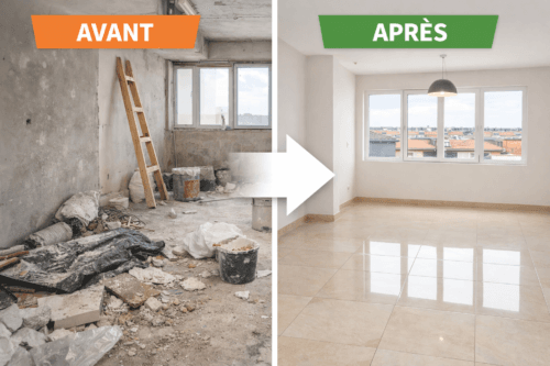 Before and after nettoyage fin de chantier Marrakech montrant un chantier sale transformé en espace propre et prêt à l’usage