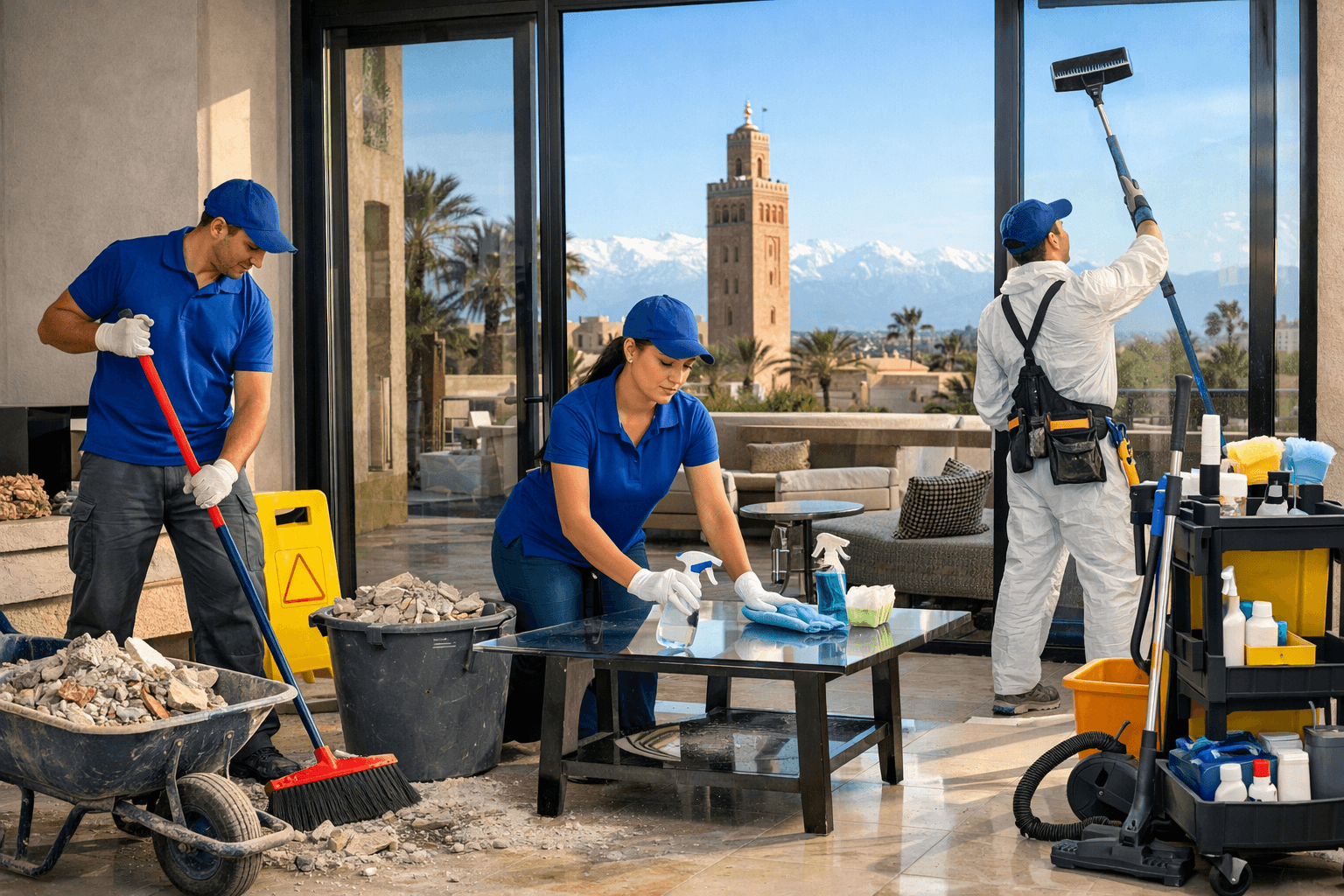 Équipe de nettoyage HIDA CLEAN avec vue sur Marrakech