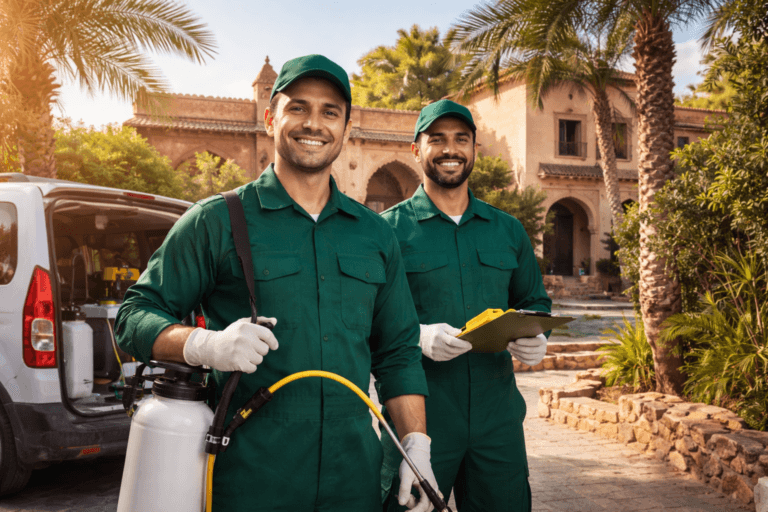 Pest control team in Marrakech villa Techniciens en dératisation à Marrakech intervenant devant une villa pour traitement anti-rongeurs professionnel